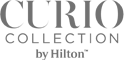 The image features the logo of "Curio Collection by Hilton" in gray font, a brand of hotels under Hilton.