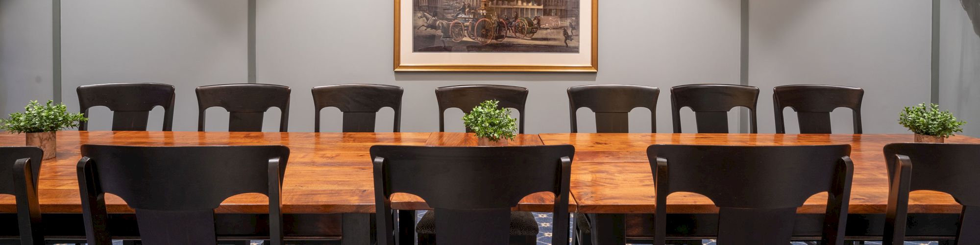 A long table with multiple chairs, indoor lighting, small plants, and a framed wall picture in what appears to be a meeting room.