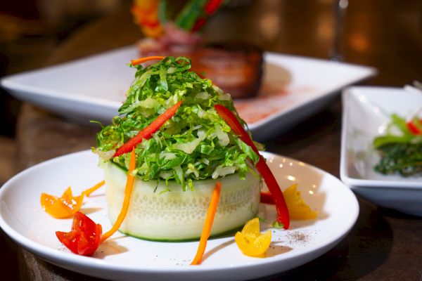 A salad featuring shredded greens, sliced peppers, and cherry tomatoes, elegantly wrapped in a cucumber ring, served on a white plate.