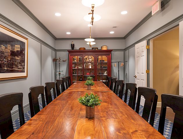 A long dining table with chairs, a cabinet with dishware, framed artwork on the wall, potted plants on the table, and ceiling lights ending the sentence.