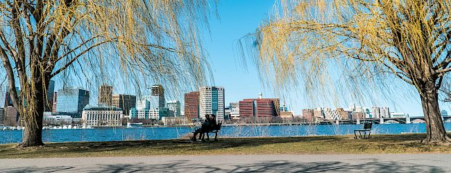 Two people sit on benches under golden trees, with a waterfront city skyline in the background under a clear blue sky.