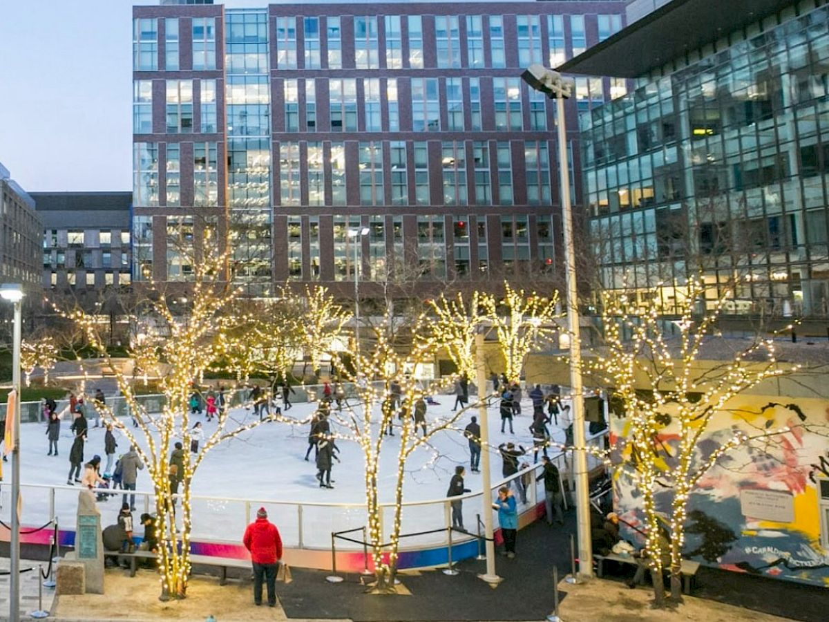 An ice rink surrounded by buildings and illuminated trees, with people skating and some standing nearby, under a clear sky.