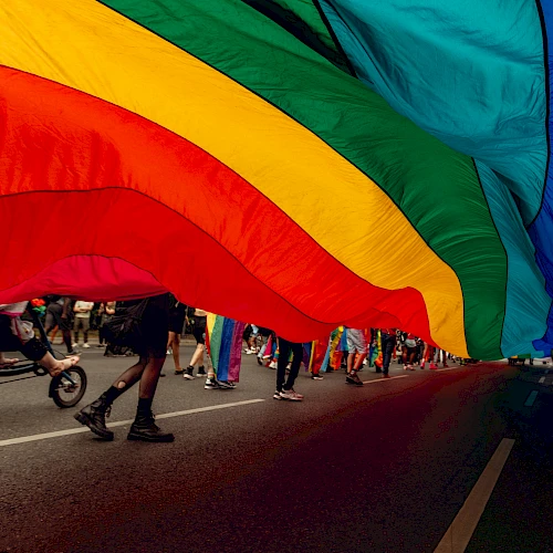 Large rainbow flag held above people walking on a street during a parade or event, capturing the vibrant colors and movement.