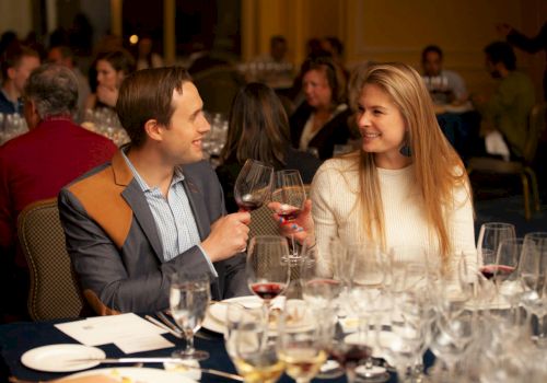 Two people at a restaurant toasting with wine glasses, smiling and enjoying a dinner together.