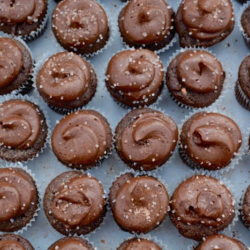 Delicious chocolate truffle cupcakes arranged in neat rows on a cooling rack, glossy swirled tops and tiny sugar crystals sprinkled on.