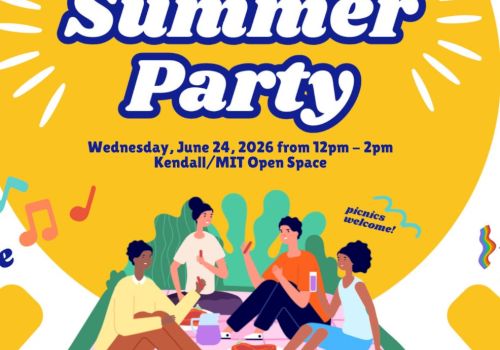 A colorful summer party flyer with people picnicking on a blanket, musical notes, and bold &ldquo;Summer Party&rdquo; text on a yellow sunburst background.