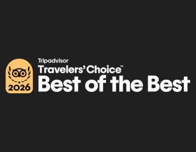 A TripAdvisor Travelers’ Choice “Best of the Best 2026” award badge with the owl logo is shown.