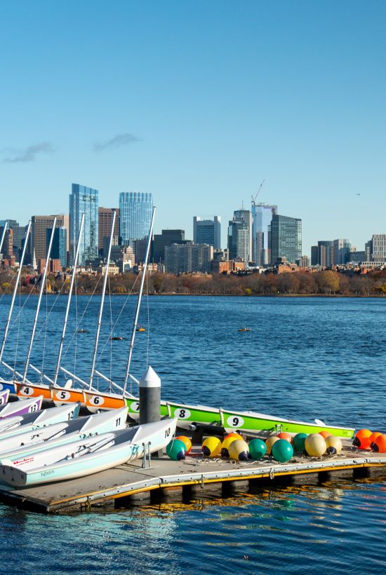 A waterfront regatta scene with numbered rowing/sailing boats docked in front of a city skyline across the river.